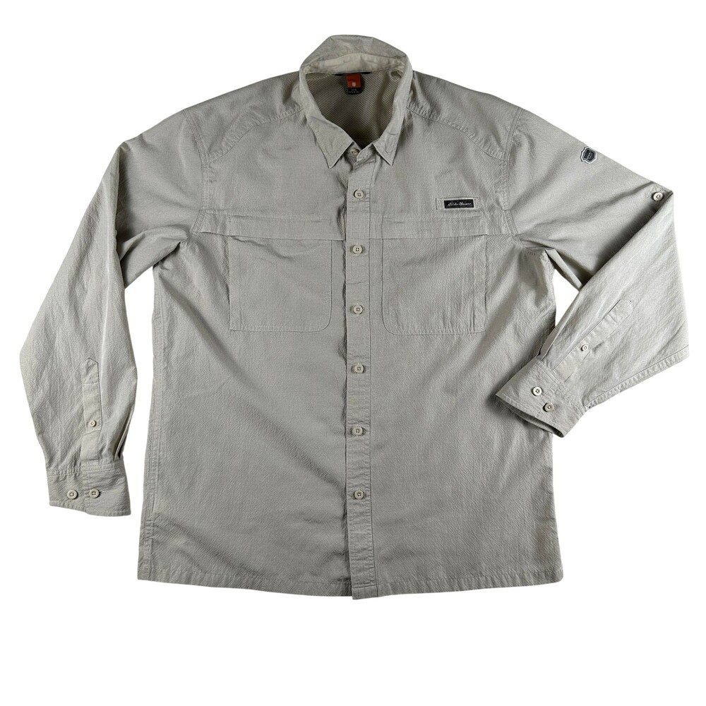 Eddie Bauer Shirt Mens Large Beige Check Long Sleeve Fishing Vented Outdoor